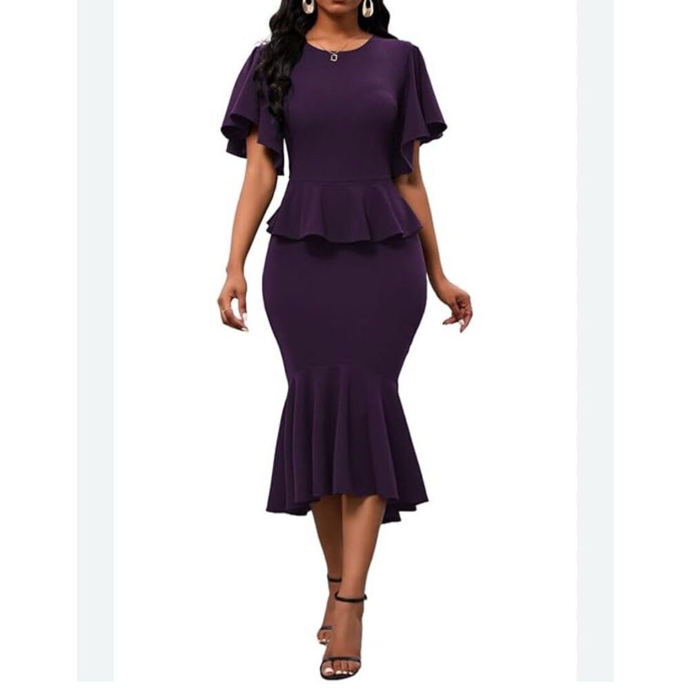 NEW Purple Ruffle Fishtail Dress Formal Peplum Midi Mermaid Dress L